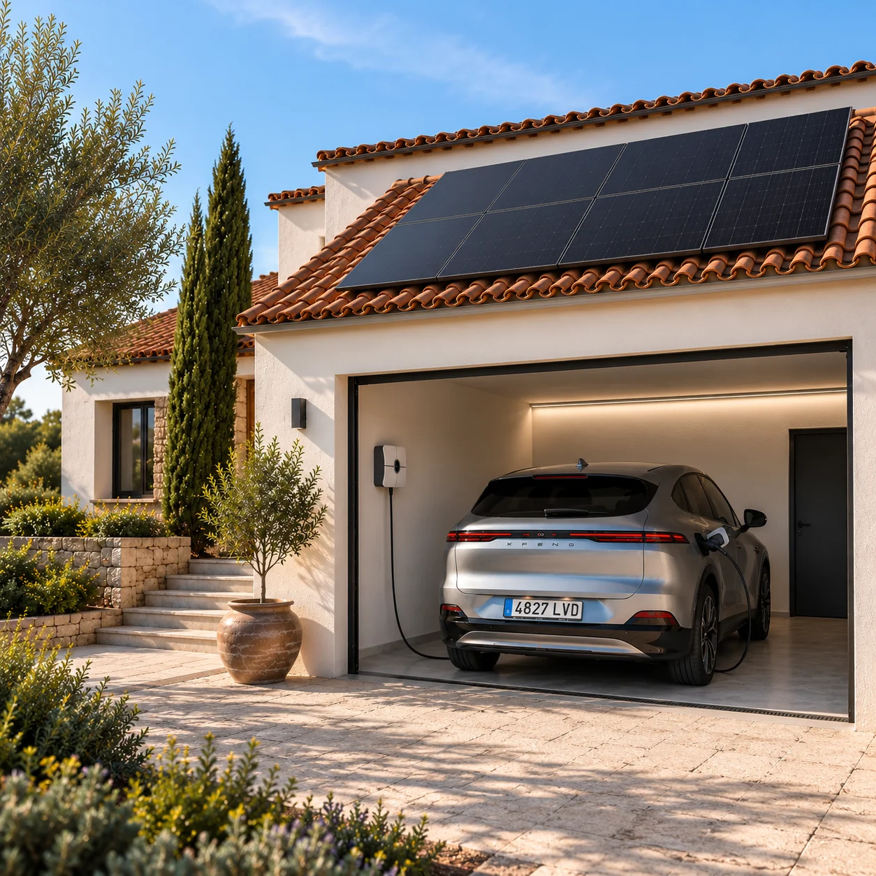 Vehículo eléctrico cargando con energía solar en una vivienda