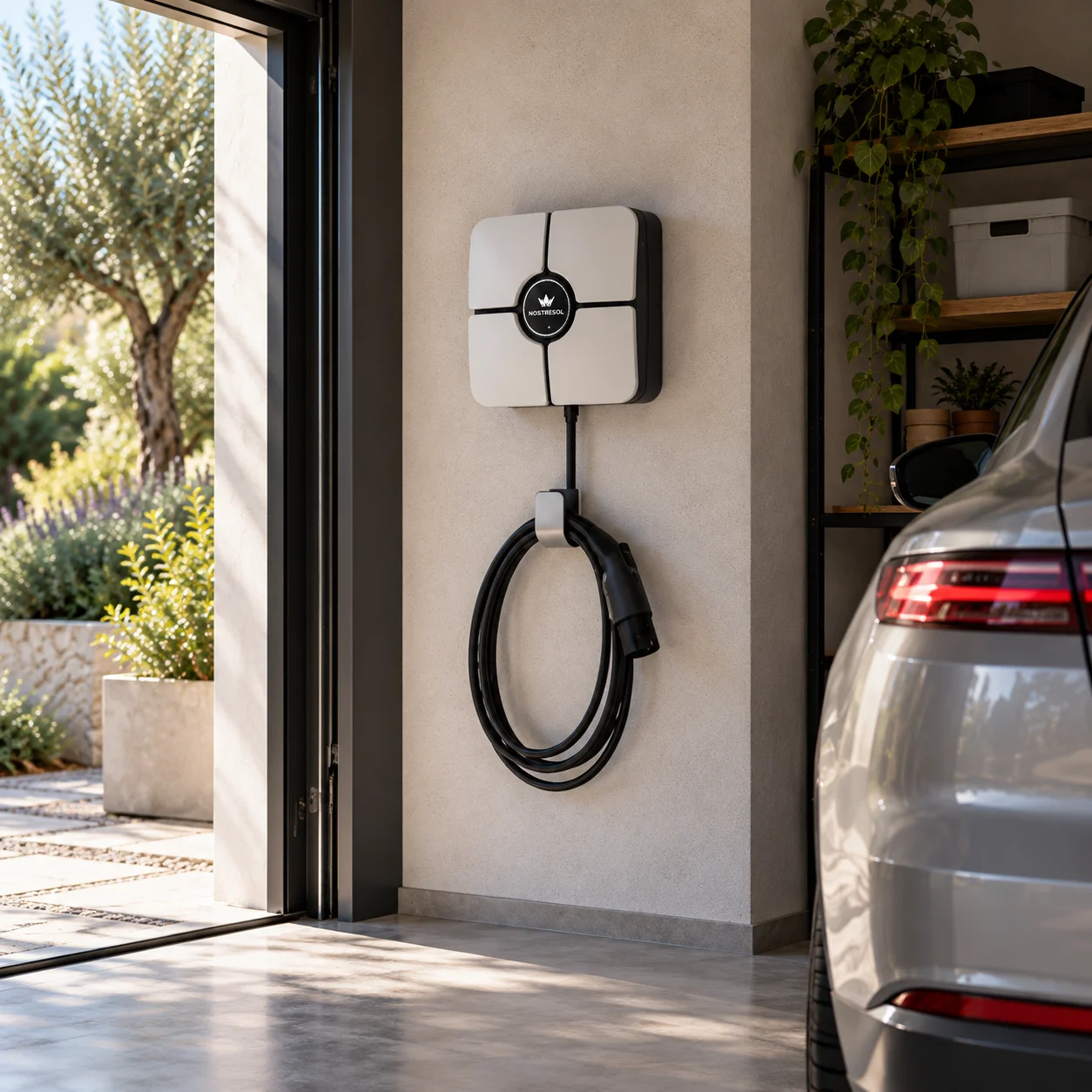 Coche eléctrico cargando en una vivienda con placas solares